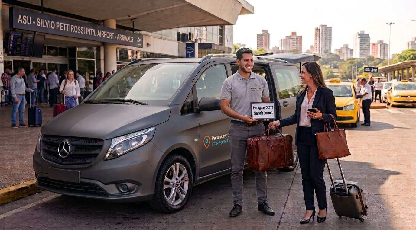 A uniformed driver holding a sign reading "Paraguay Stays Sarah Jones" greets a female business traveler next to a branded executive van outside Silvio Pettirossi International Airport in Asunción.
