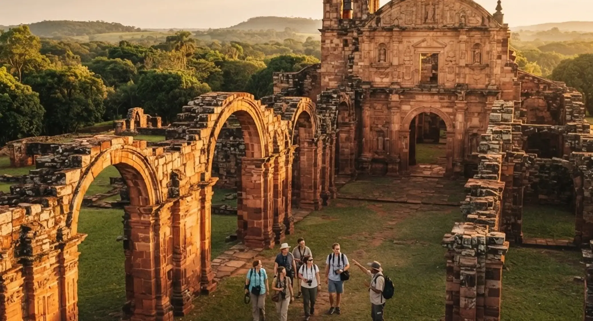 Guided tour of the Jesuit mission ruins in Paraguay at golden hour