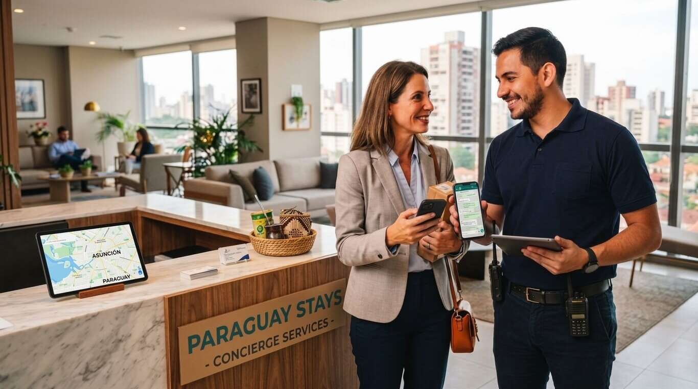 A male concierge shows a WhatsApp chat on a smartphone to a female business traveler at a reception desk branded Paraguay Stays Corporate 360, with the Asunción city skyline visible through floor-to-ceiling windows.