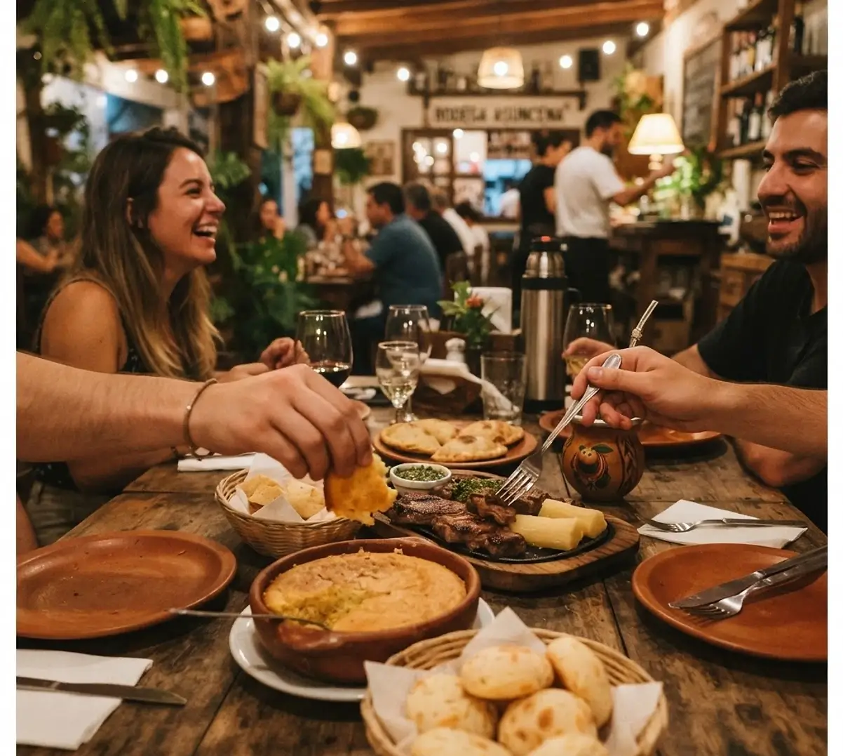 A shared table of Paraguayan dishes at a local restaurant in Asunción